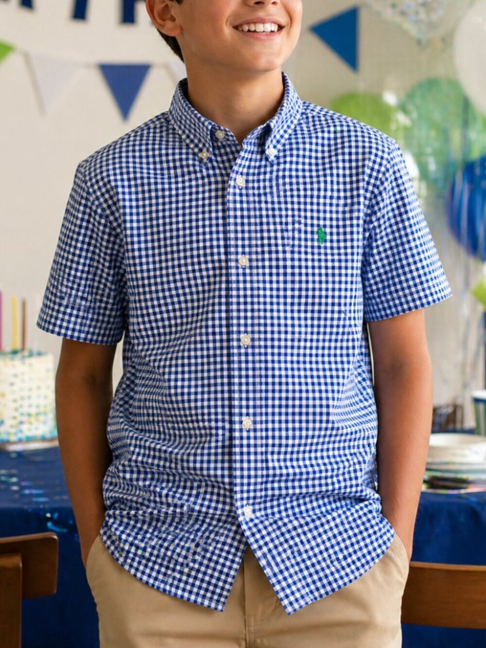 Ralph Lauren Polo Boys XL (18-20) Blue/White Button-Down Shirt Short Sleeve